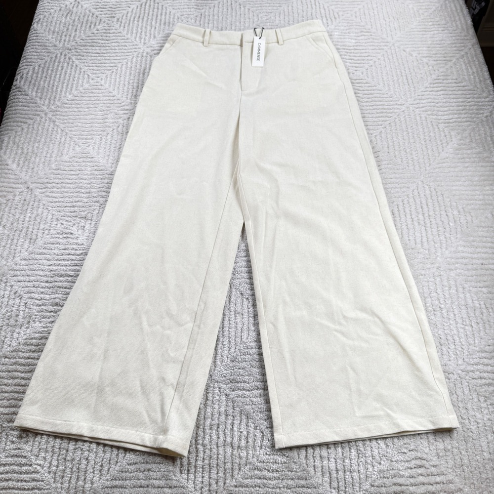 Commense Wide Leg Pants Womens Large Cream Linen Blend High Waist Trousers NWT